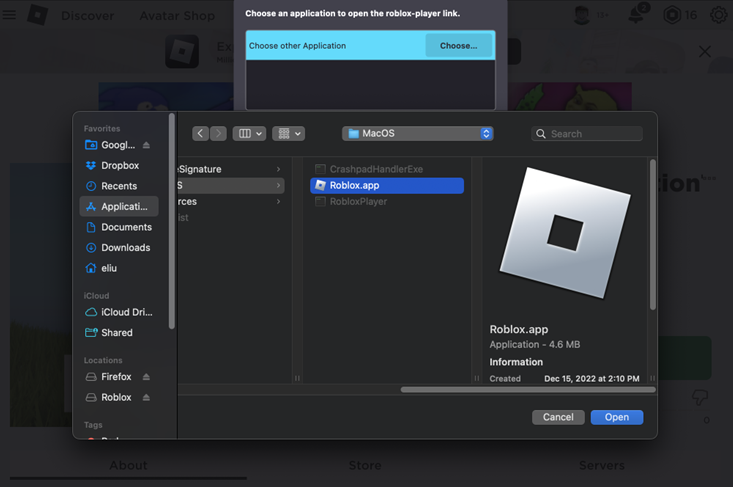 cua so Finder chon Roblox.app nhap vao Mo - Tải Hack Roblox VNG Apk v2.662.537 (Menu, Nhảy Cao, Bất Tử) Chọn Roblox.app và nhấp vào Mở